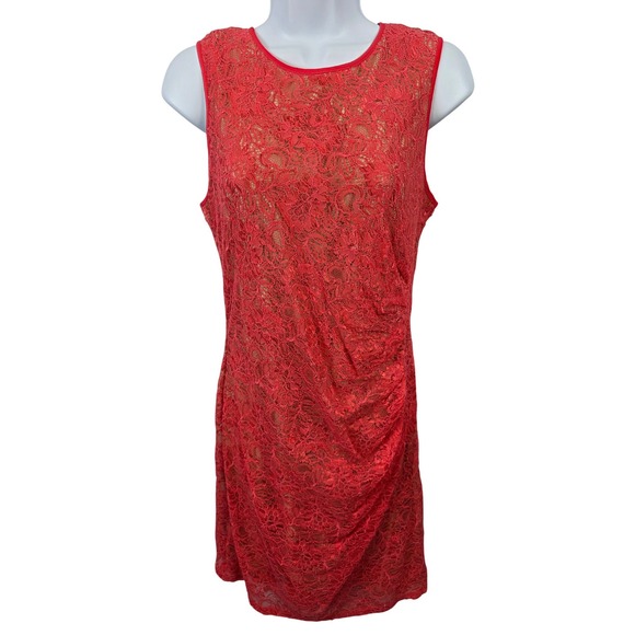 Vince Camuto Dresses & Skirts - Vince Camuto Peach Floral Lace Ruched Sheath Dress Lined Sleeveless Size 12 /R29